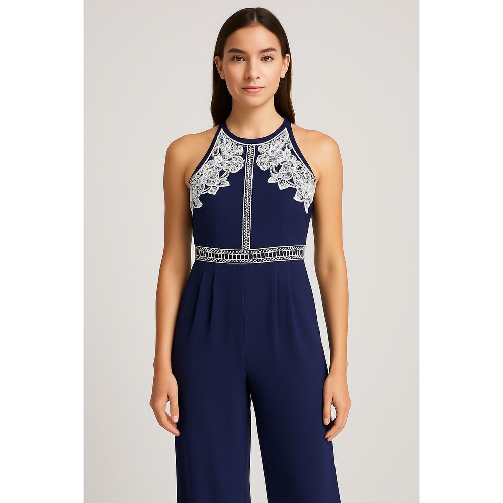 Parker Navy Blue Embroidered Halter Jumpsuit – Size Medium